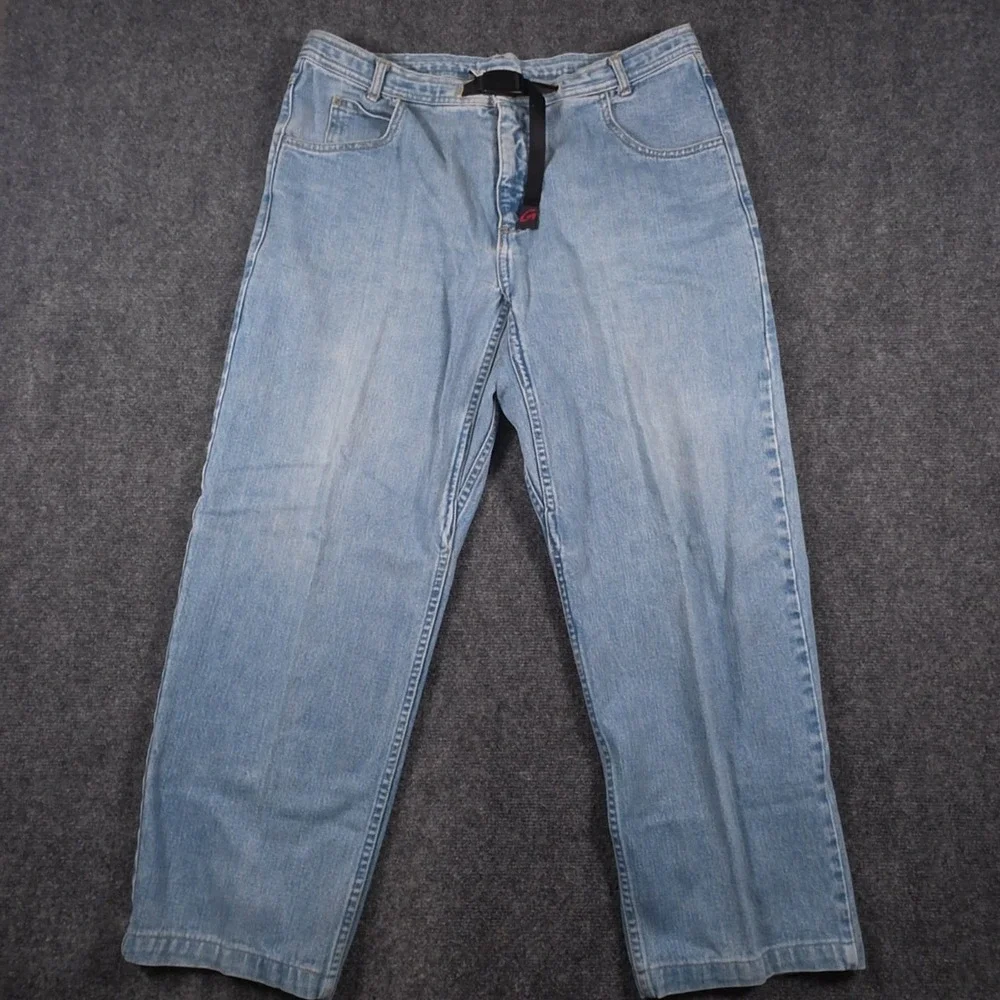 VTG Gramicci Jeans Mens XL 36x28 Blue Light Wash Denim Embroidered Made USA Belt